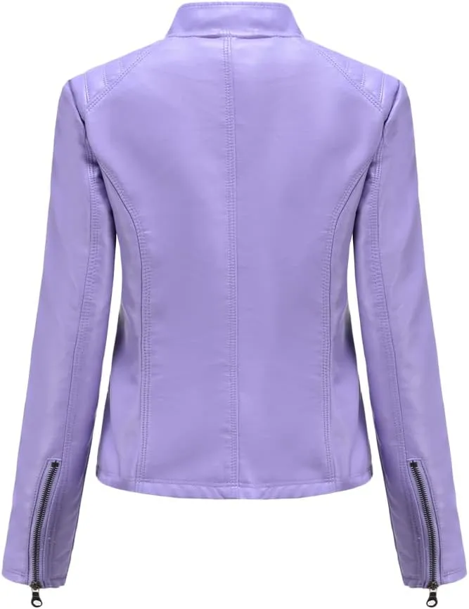 Womens Faux Leather Zip Up Long Sleeve Moto Biker Coat Classic Casual Collar Slim Bomber Short Coat Jackets