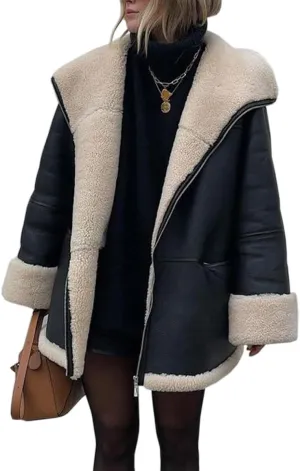Women's Faux Shearing Moto Bomber Jacket Sherpa-Lined Coat Winter Aviator Leather Coat Outerwear