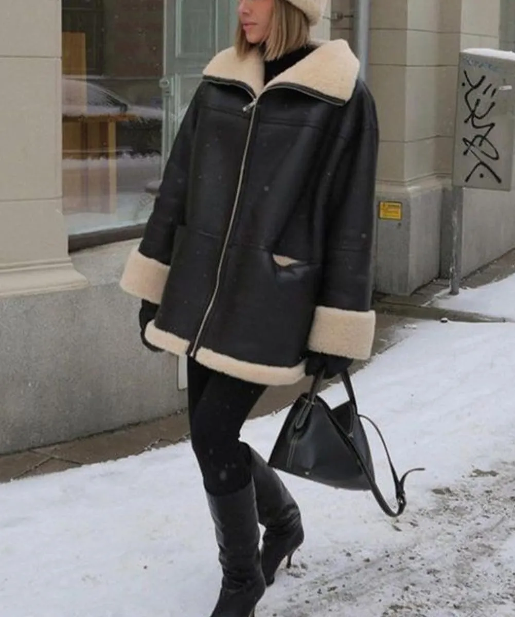 Women's Faux Shearing Moto Bomber Jacket Sherpa-Lined Coat Winter Aviator Leather Coat Outerwear