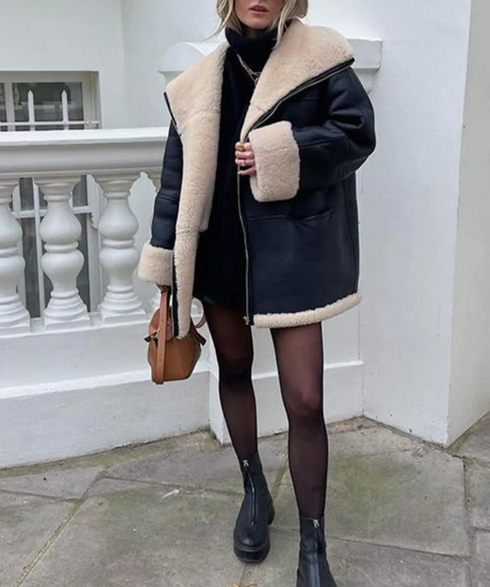 Women's Faux Shearing Moto Bomber Jacket Sherpa-Lined Coat Winter Aviator Leather Coat Outerwear