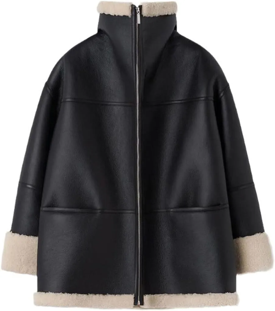 Women's Faux Shearing Moto Bomber Jacket Sherpa-Lined Coat Winter Aviator Leather Coat Outerwear