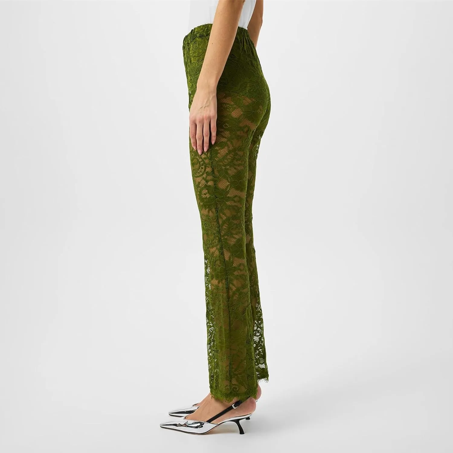 Women's Floral Lace Flared Pants See Through High Waist Bell Bottom Mesh Cover Up Trousers Clubwear