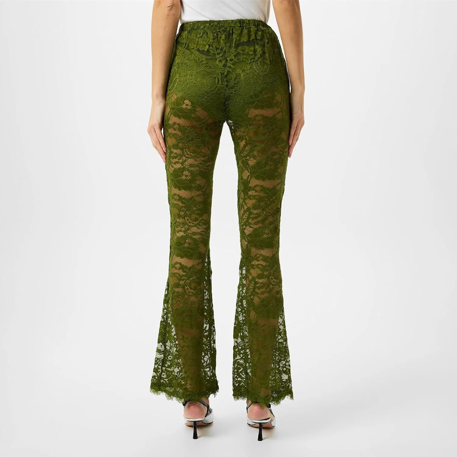 Women's Floral Lace Flared Pants See Through High Waist Bell Bottom Mesh Cover Up Trousers Clubwear
