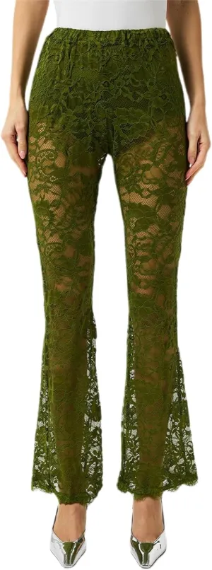 Women's Floral Lace Flared Pants See Through High Waist Bell Bottom Mesh Cover Up Trousers Clubwear
