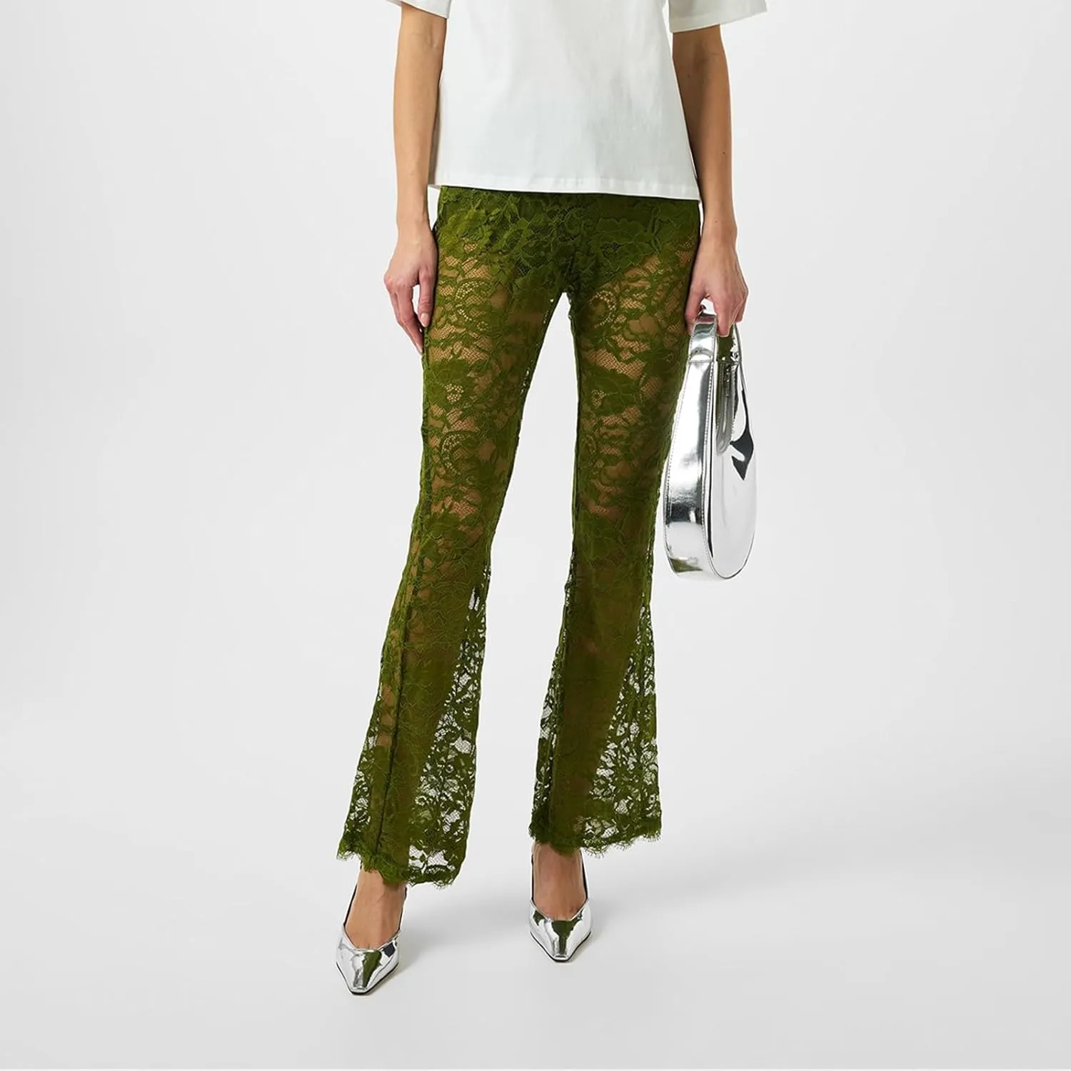 Women's Floral Lace Flared Pants See Through High Waist Bell Bottom Mesh Cover Up Trousers Clubwear