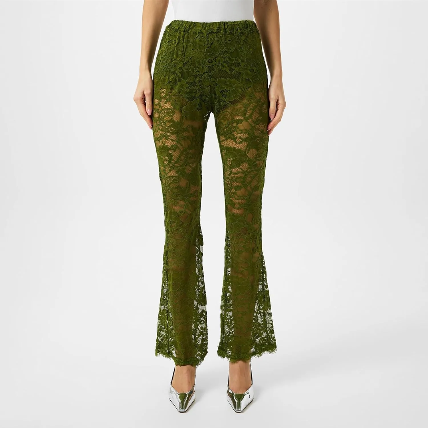 Women's Floral Lace Flared Pants See Through High Waist Bell Bottom Mesh Cover Up Trousers Clubwear