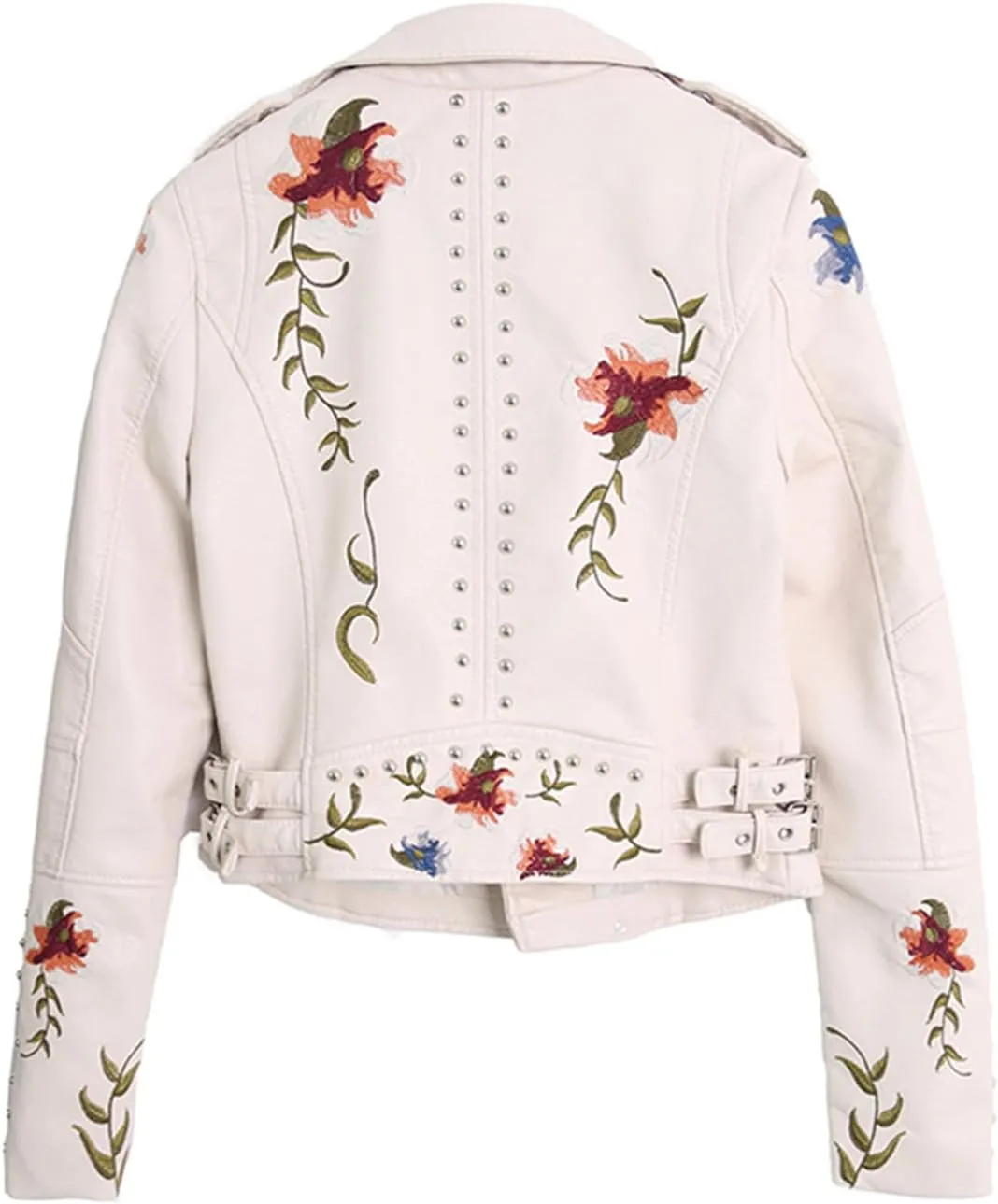 Womens Floral Print Embroidery Faux Soft Leather Jacket Turn-Down Collar Casual Coat Motorcycle Outerwear