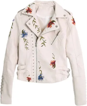 Womens Floral Print Embroidery Faux Soft Leather Jacket Turn-Down Collar Casual Coat Motorcycle Outerwear