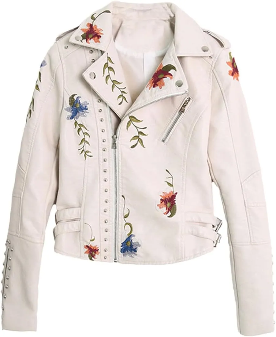 Womens Floral Print Embroidery Faux Soft Leather Jacket Turn-Down Collar Casual Coat Motorcycle Outerwear