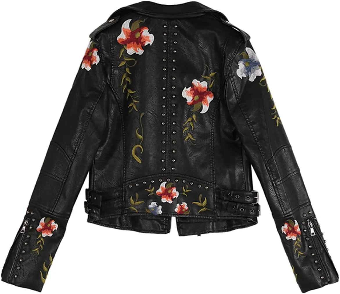 Womens Floral Print Embroidery Faux Soft Leather Jacket Turn-Down Collar Casual Coat Motorcycle Outerwear