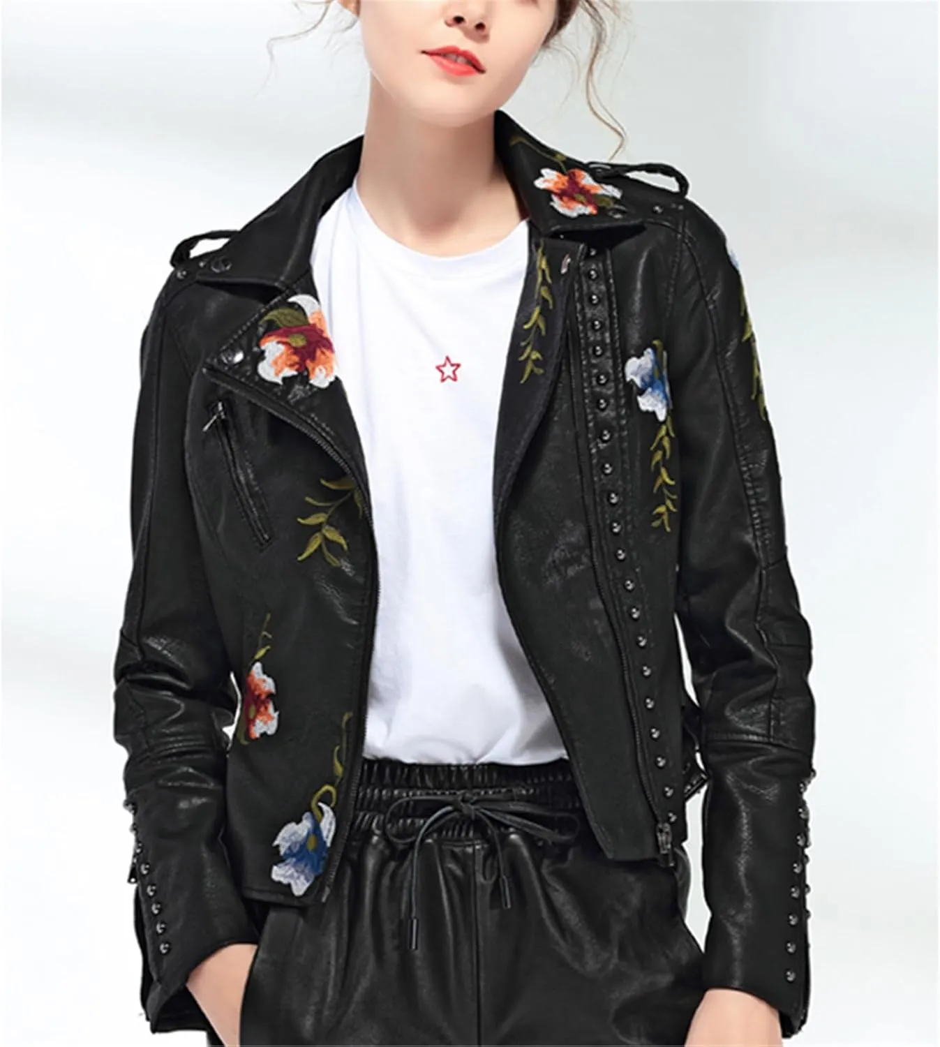 Womens Floral Print Embroidery Faux Soft Leather Jacket Turn-Down Collar Casual Coat Motorcycle Outerwear