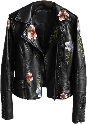 Womens Floral Print Embroidery Faux Soft Leather Jacket Turn-Down Collar Casual Coat Motorcycle Outerwear