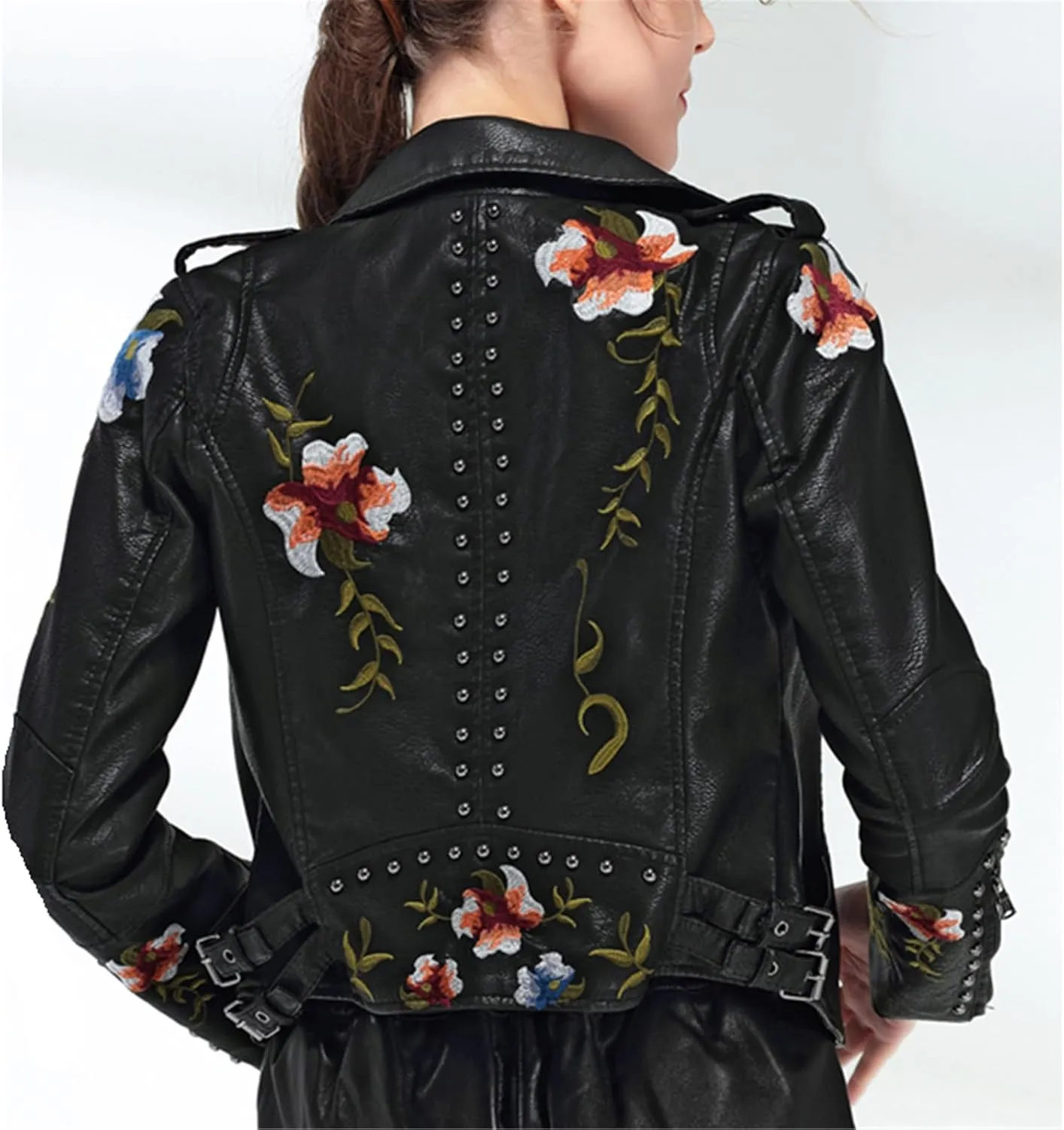 Womens Floral Print Embroidery Faux Soft Leather Jacket Turn-Down Collar Casual Coat Motorcycle Outerwear