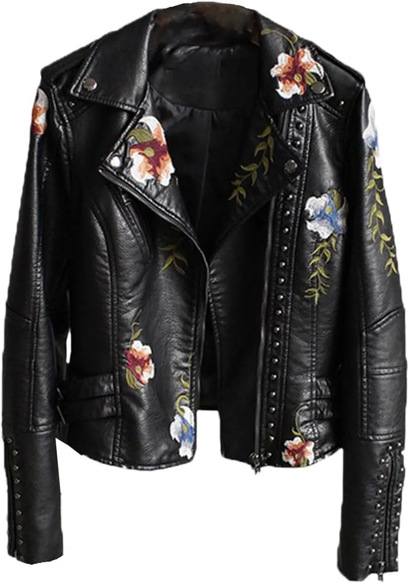 Womens Floral Print Embroidery Faux Soft Leather Jacket Turn-Down Collar Casual Coat Motorcycle Outerwear