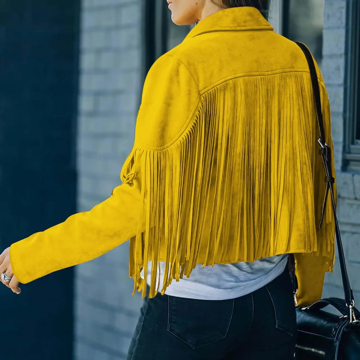 Women's Fringe Faux Suede Leather Jackets Tassel Cropped Coats Western Cowboy Jacket Outerwear Hippie Concert Outfits