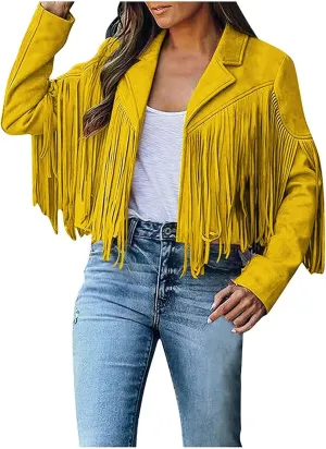 Women's Fringe Faux Suede Leather Jackets Tassel Cropped Coats Western Cowboy Jacket Outerwear Hippie Concert Outfits