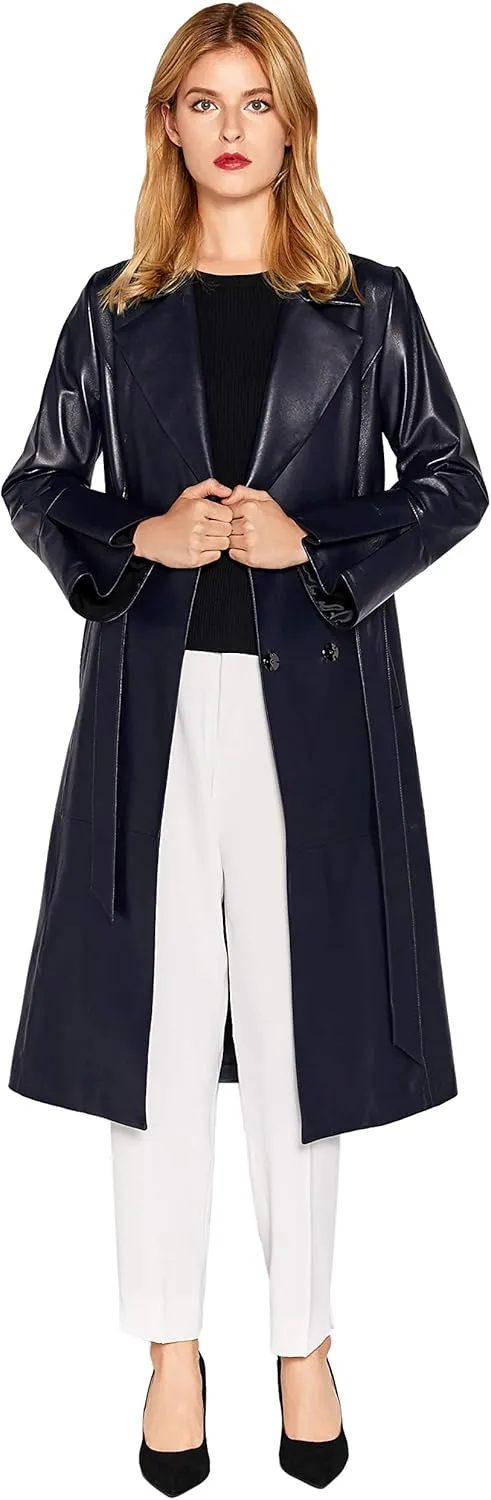 Womens Genuine Lambskin Leather Trench Coat Black Long Leather Jacket Coat