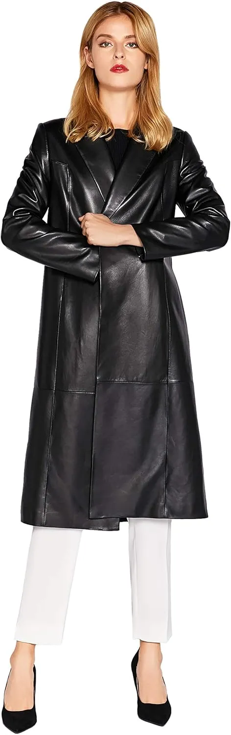 Womens Genuine Lambskin Leather Trench Coat Black Long Leather Jacket Coat