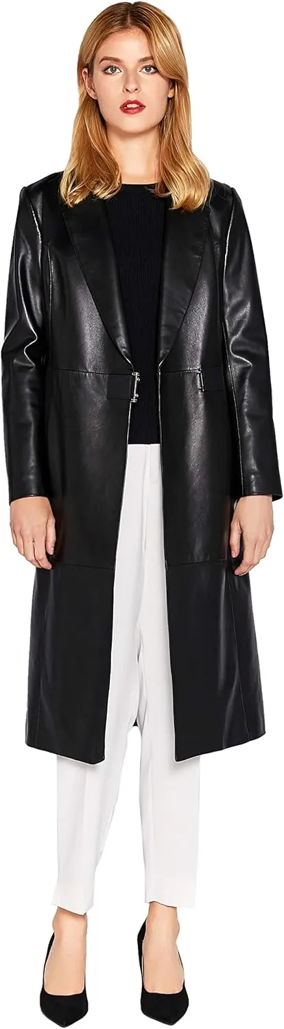 Womens Genuine Lambskin Leather Trench Coat Black Long Leather Jacket Coat