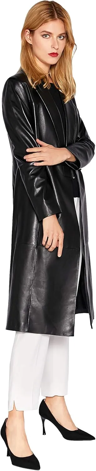 Womens Genuine Lambskin Leather Trench Coat Black Long Leather Jacket Coat