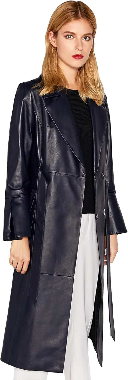 Womens Genuine Lambskin Leather Trench Coat Black Long Leather Jacket Coat