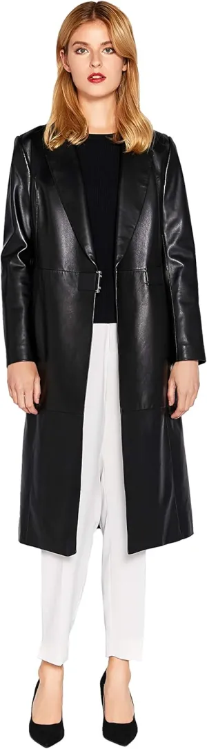 Womens Genuine Lambskin Leather Trench Coat Black Long Leather Jacket Coat