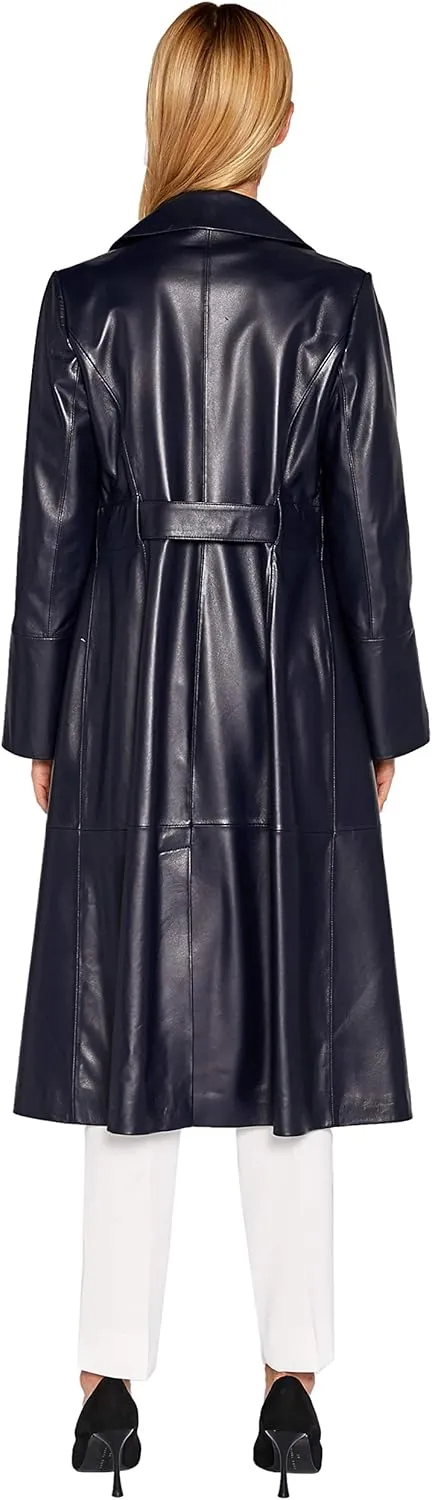 Womens Genuine Lambskin Leather Trench Coat Black Long Leather Jacket Coat