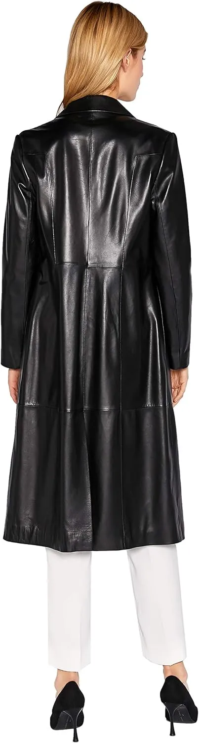 Womens Genuine Lambskin Leather Trench Coat Black Long Leather Jacket Coat