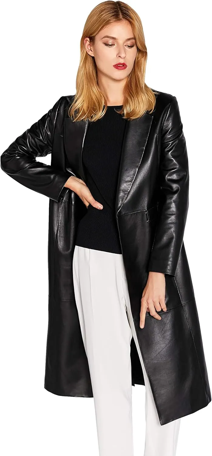 Womens Genuine Lambskin Leather Trench Coat Black Long Leather Jacket Coat