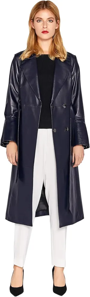 Womens Genuine Lambskin Leather Trench Coat Black Long Leather Jacket Coat