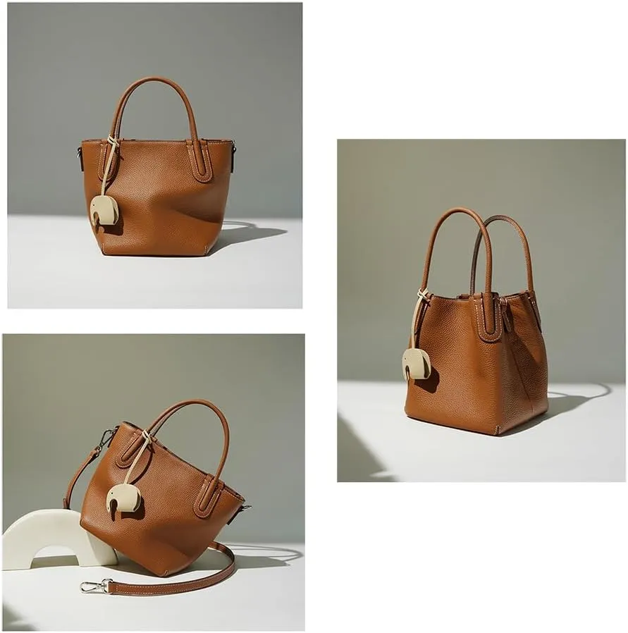 Women's Genuine Leather Design Bucket Bag Vegetable Basket, Fashionable and Versatile Shoulder Handbag