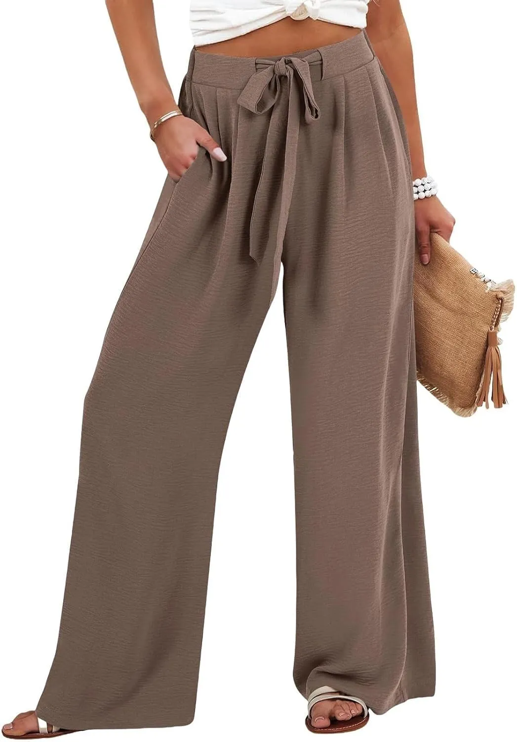 Womens High Waist Wide Leg Pants with Adjustable Knot & Pockets, Loose Fit Business Casual Office Work Trousers