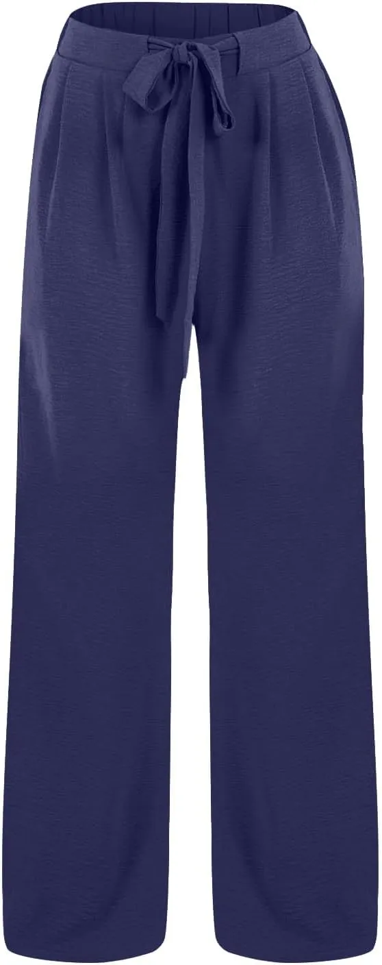 Womens High Waist Wide Leg Pants with Adjustable Knot & Pockets, Loose Fit Business Casual Office Work Trousers