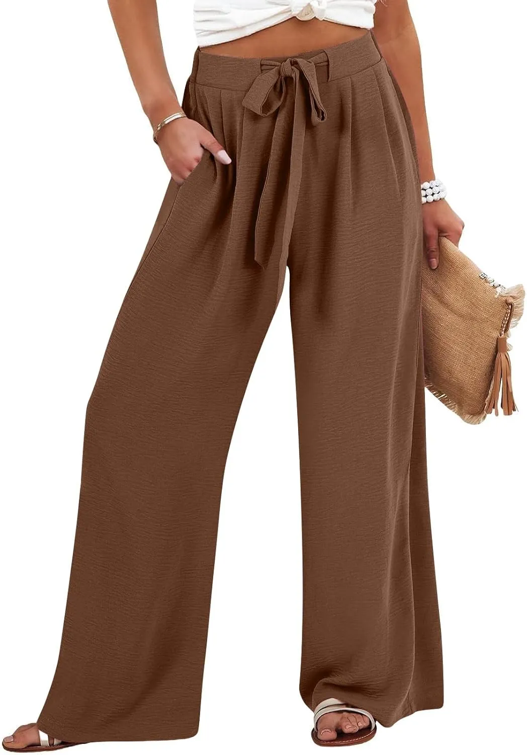 Womens High Waist Wide Leg Pants with Adjustable Knot & Pockets, Loose Fit Business Casual Office Work Trousers
