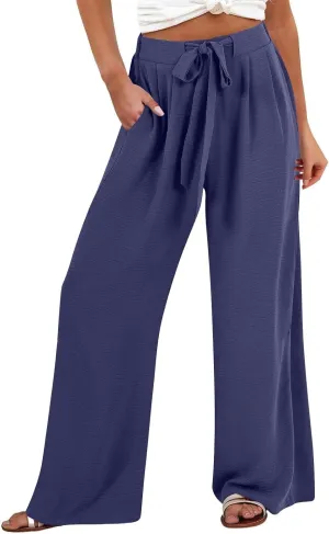 Womens High Waist Wide Leg Pants with Adjustable Knot & Pockets, Loose Fit Business Casual Office Work Trousers