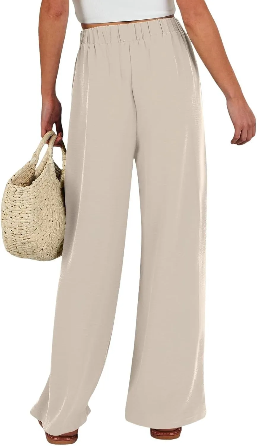 Womens High Waist Wide Leg Pants with Adjustable Knot & Pockets, Loose Fit Business Casual Office Work Trousers
