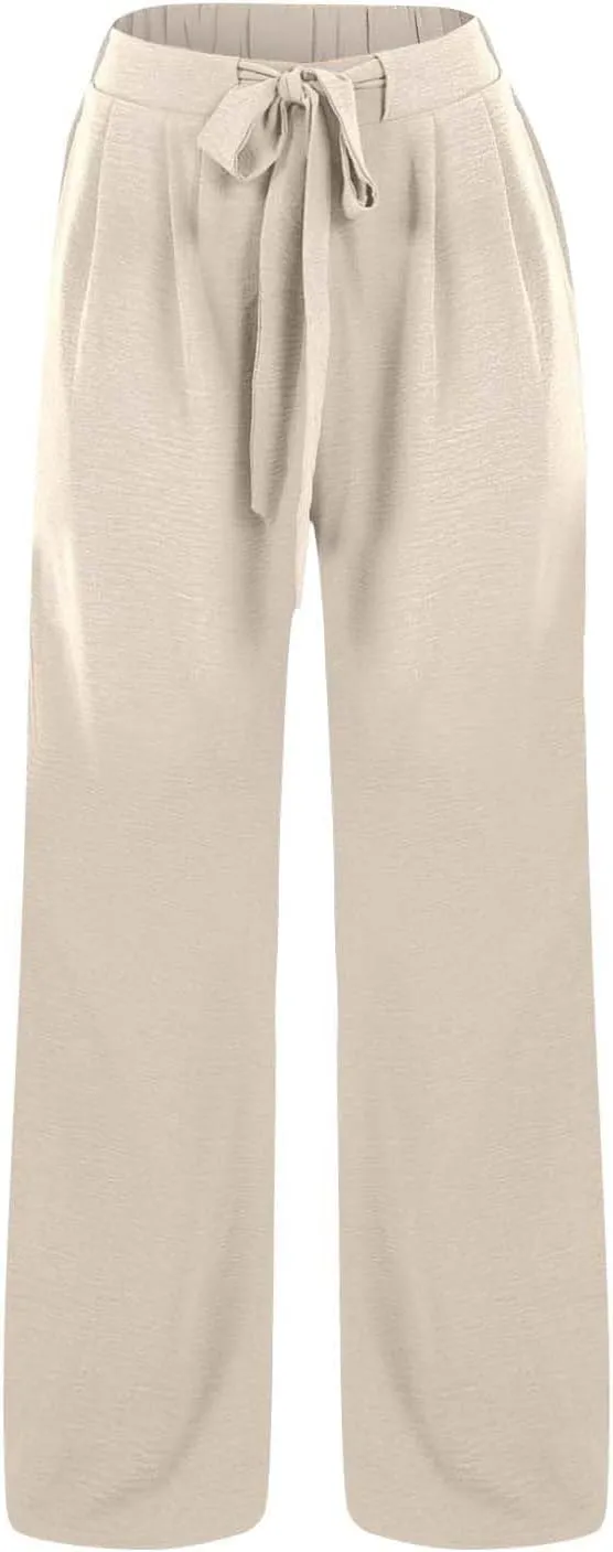 Womens High Waist Wide Leg Pants with Adjustable Knot & Pockets, Loose Fit Business Casual Office Work Trousers