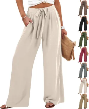 Womens High Waist Wide Leg Pants with Adjustable Knot & Pockets, Loose Fit Business Casual Office Work Trousers