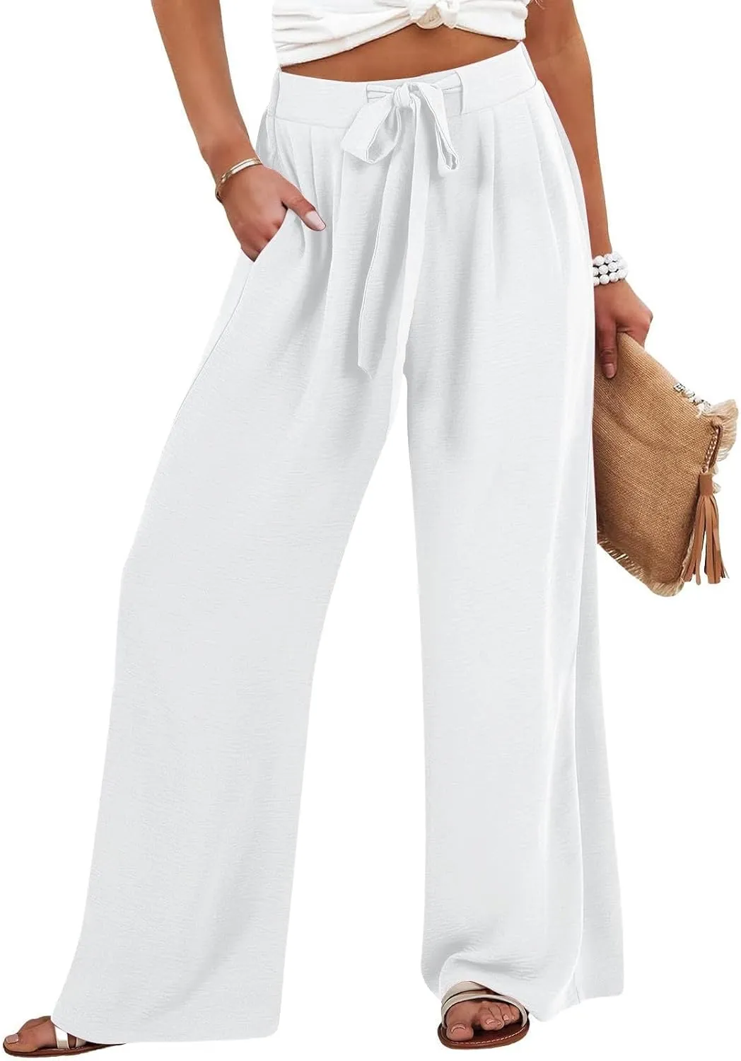 Womens High Waist Wide Leg Pants with Adjustable Knot & Pockets, Loose Fit Business Casual Office Work Trousers