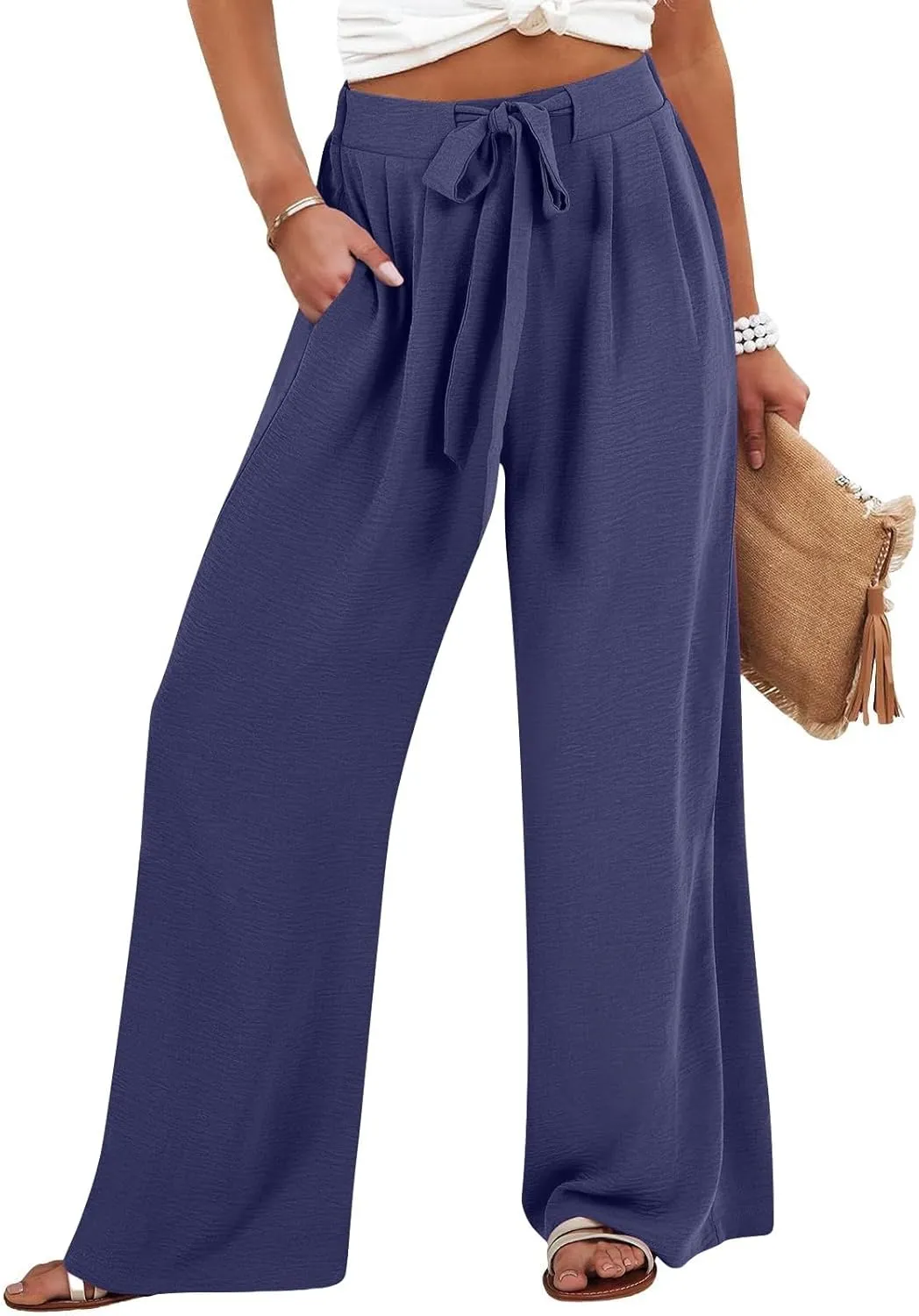 Womens High Waist Wide Leg Pants with Adjustable Knot & Pockets, Loose Fit Business Casual Office Work Trousers