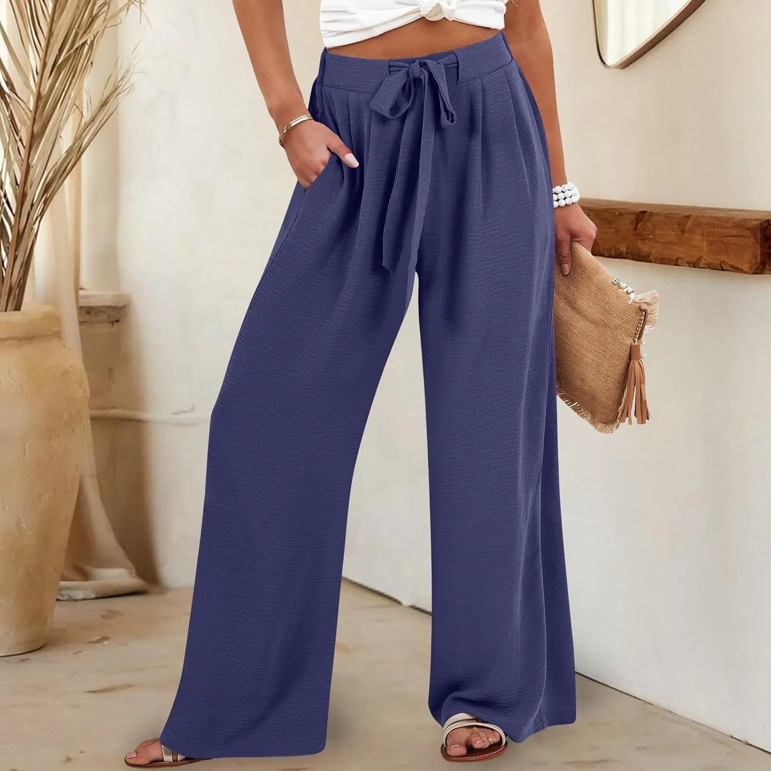 Womens High Waist Wide Leg Pants with Adjustable Knot & Pockets, Loose Fit Business Casual Office Work Trousers