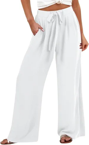 Womens High Waist Wide Leg Pants with Adjustable Knot & Pockets, Loose Fit Business Casual Office Work Trousers