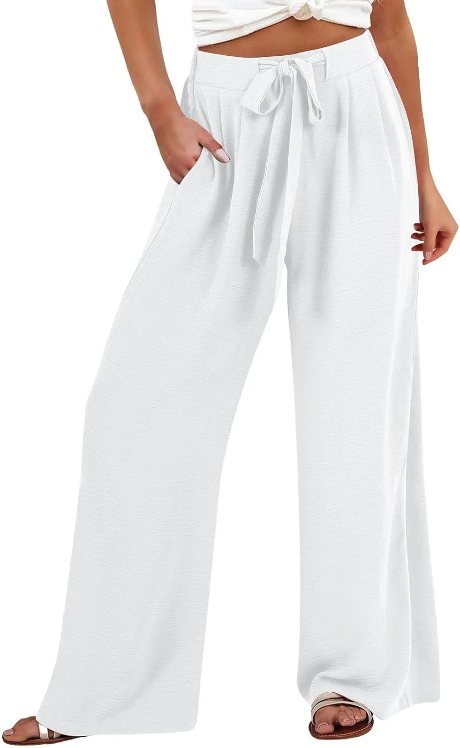 Womens High Waist Wide Leg Pants with Adjustable Knot & Pockets, Loose Fit Business Casual Office Work Trousers