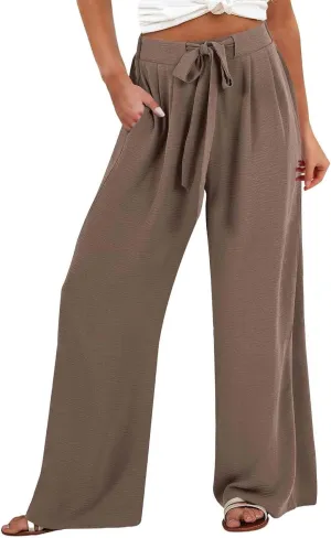 Womens High Waist Wide Leg Pants with Adjustable Knot & Pockets, Loose Fit Business Casual Office Work Trousers