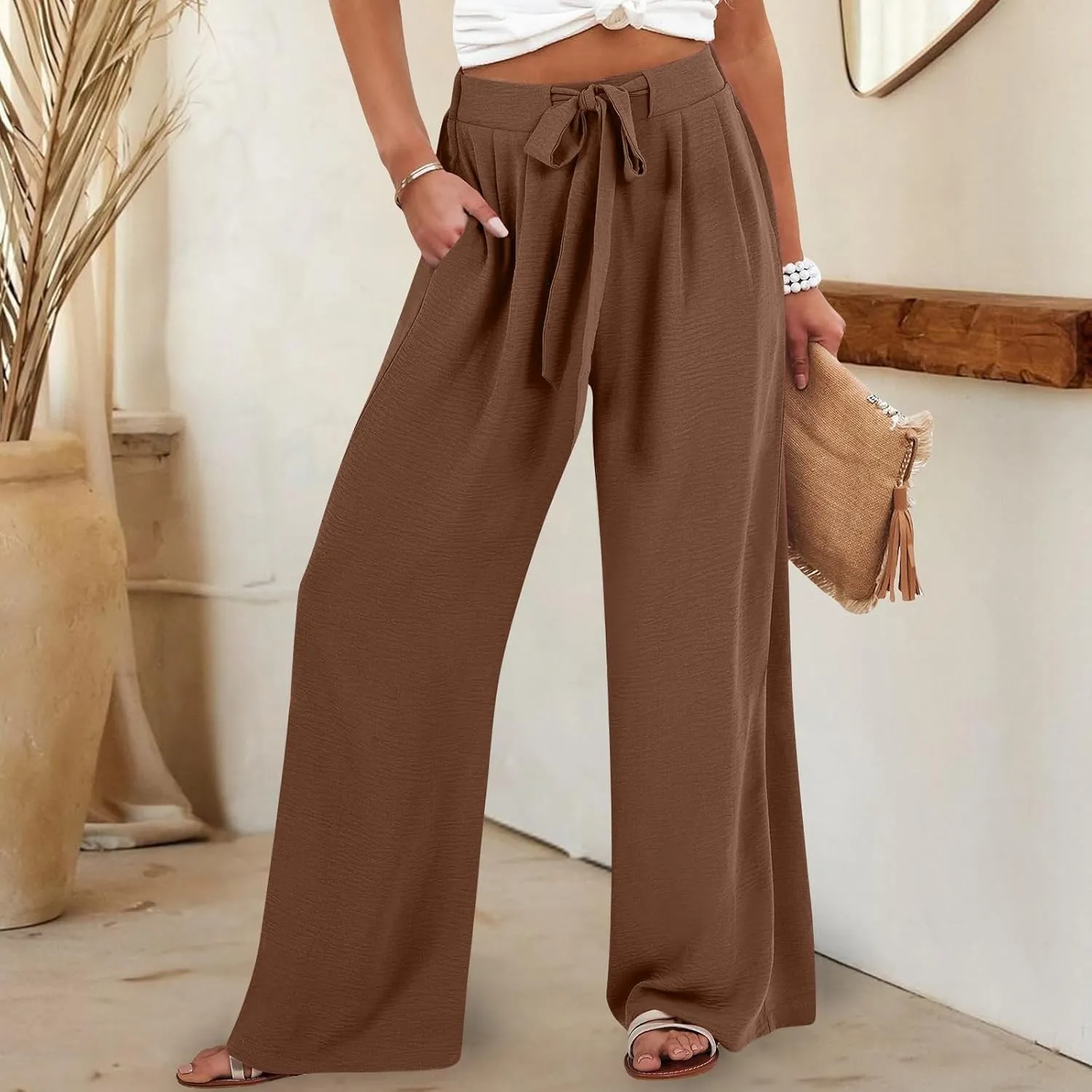 Womens High Waist Wide Leg Pants with Adjustable Knot & Pockets, Loose Fit Business Casual Office Work Trousers