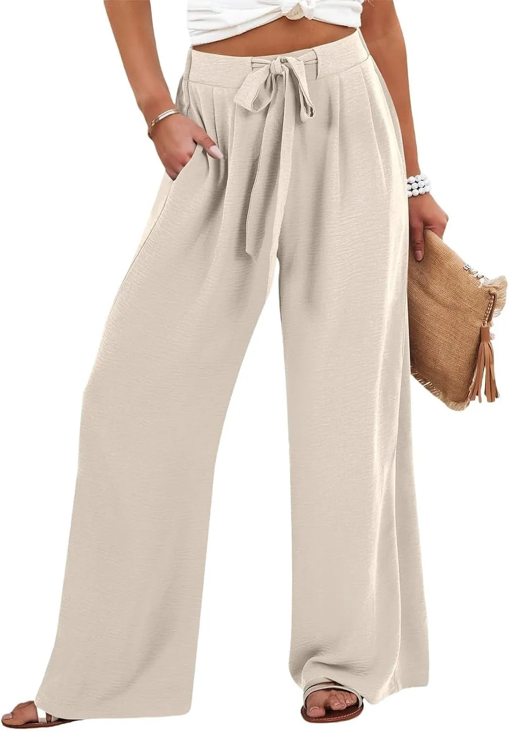 Womens High Waist Wide Leg Pants with Adjustable Knot & Pockets, Loose Fit Business Casual Office Work Trousers