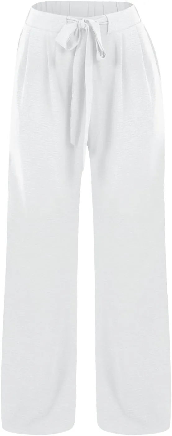 Womens High Waist Wide Leg Pants with Adjustable Knot & Pockets, Loose Fit Business Casual Office Work Trousers