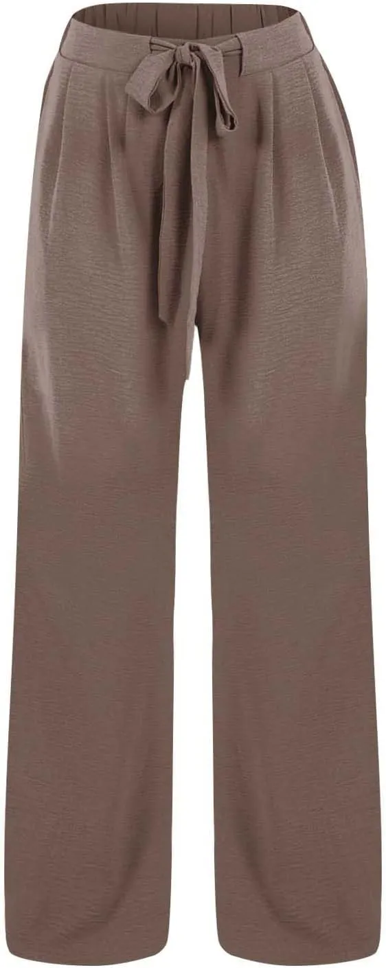 Womens High Waist Wide Leg Pants with Adjustable Knot & Pockets, Loose Fit Business Casual Office Work Trousers