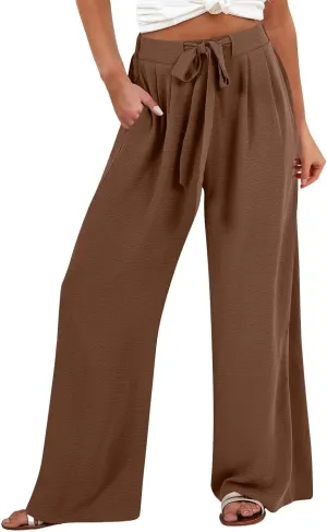 Womens High Waist Wide Leg Pants with Adjustable Knot & Pockets, Loose Fit Business Casual Office Work Trousers
