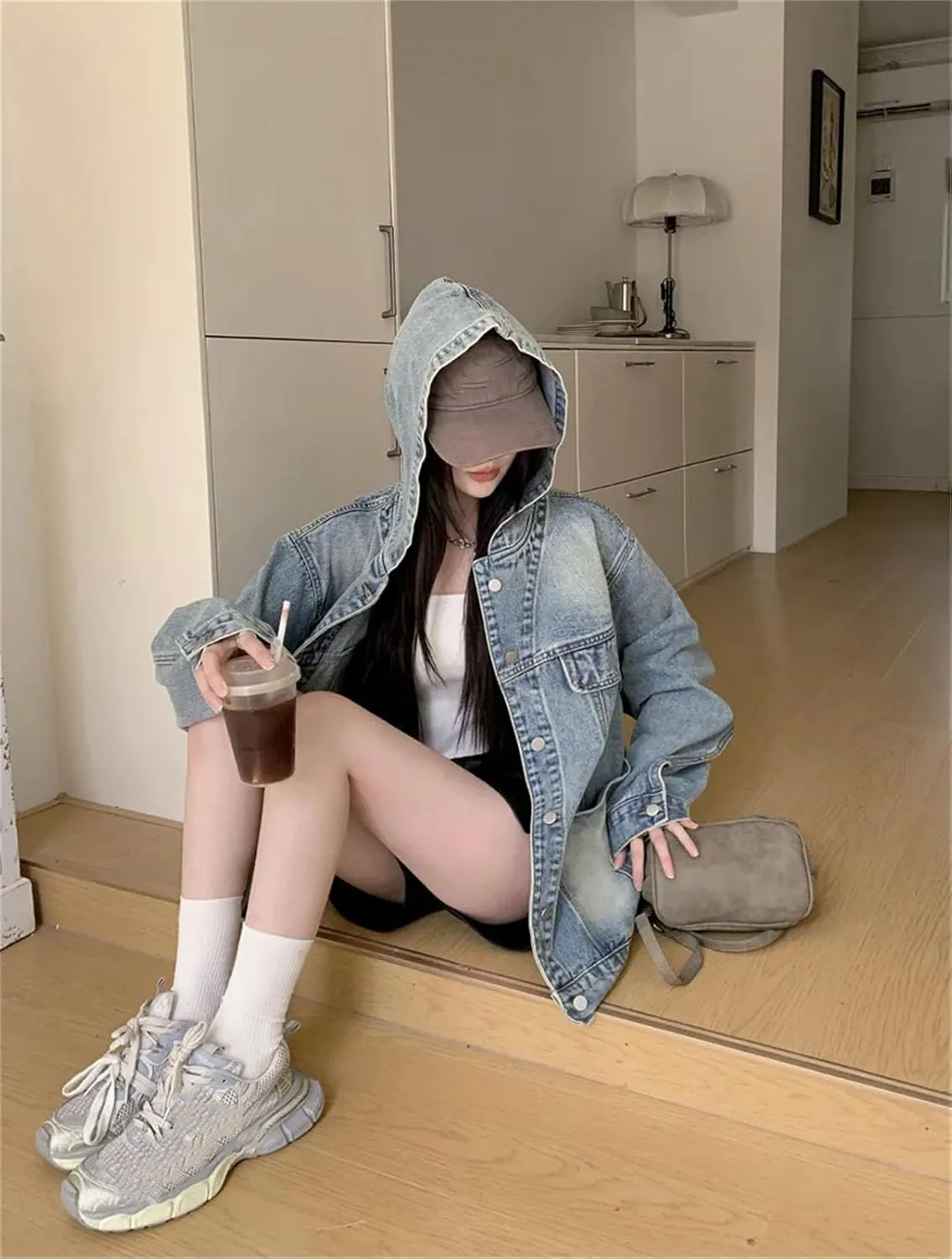 Women's Hooded Big Pockets Short Denim Jacket Vintage Single Breasted Solid Jean Coat